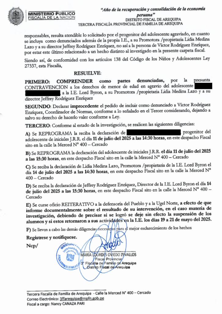Disposición fiscal en la que se determinan las diligencias contra los representantes del Lord Byron.