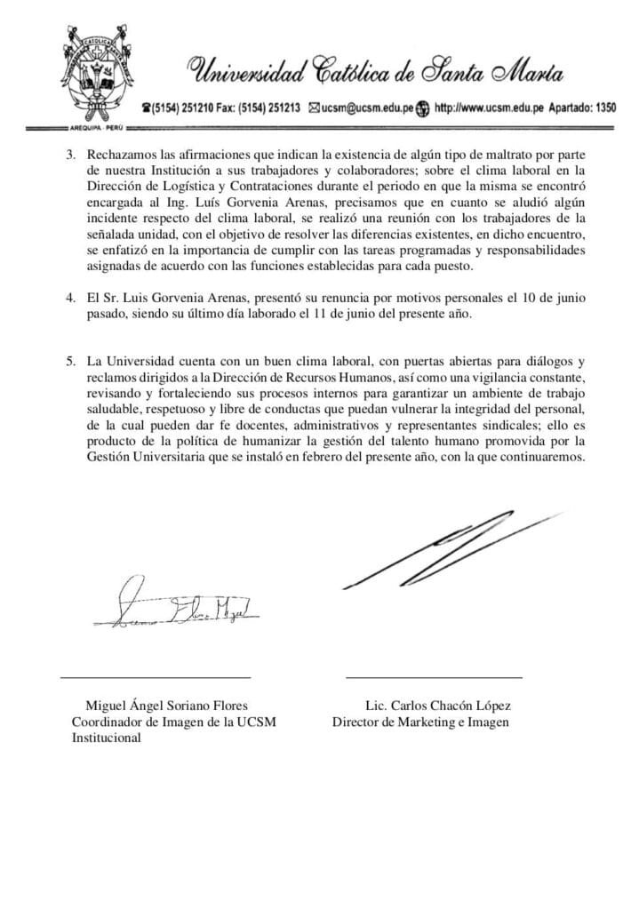 Respuesta de la Universidad Católica de Santa María, que se reproduce en su totalidad.