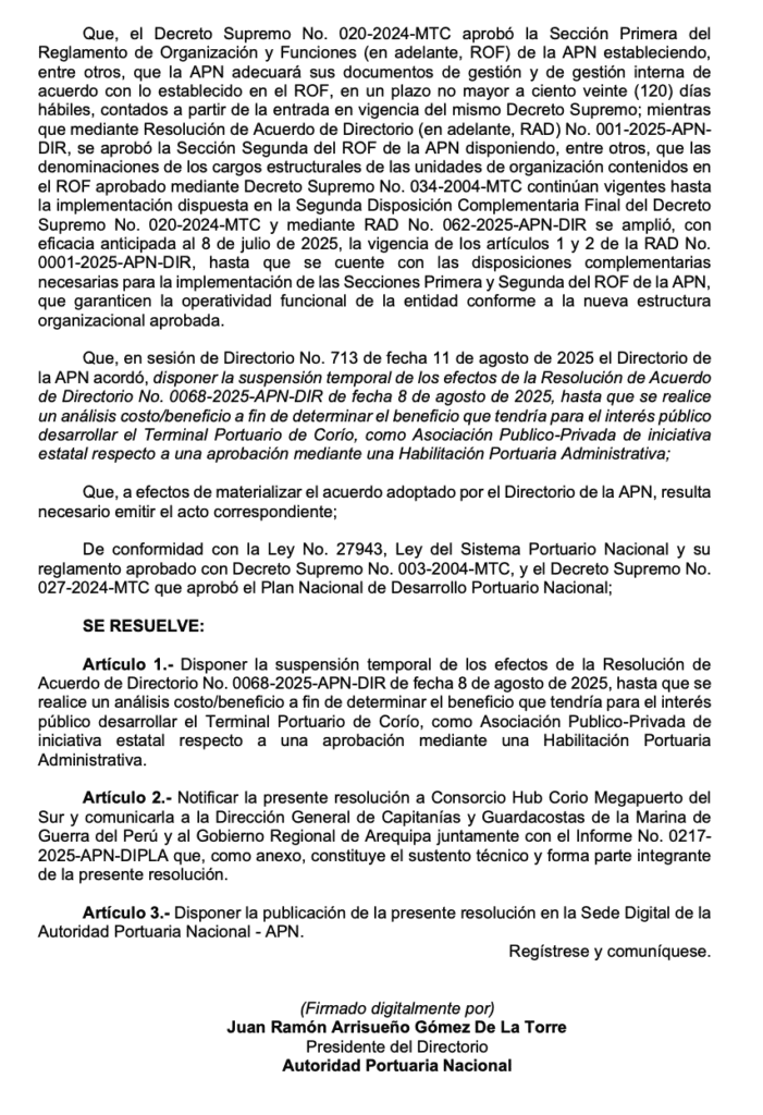 La resolución de la ANP deja nuevamente en incertidumbre al megapuerto de Corio.